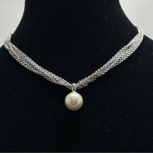 Silver 5 Strand Short Chain Necklace With Pearl Pendant, Feminine Piece